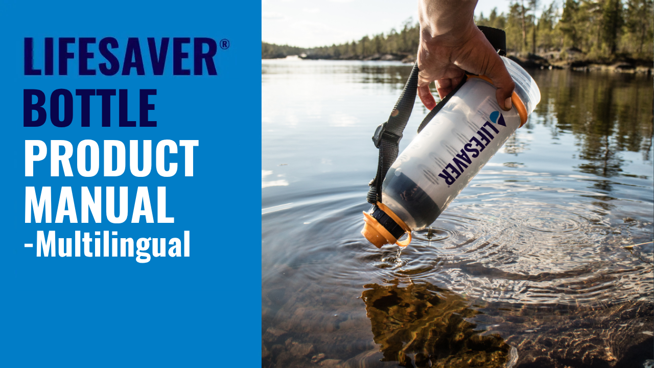 Lifesaver bottle being used in water with a blue text box on the left side.