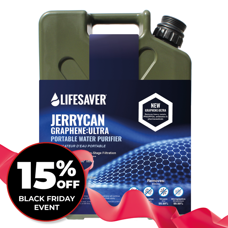 Load image into Gallery viewer, Lifesaver Jerrycan Graphene-Ultra portable water purifier with a 15% off Black Friday event label.
