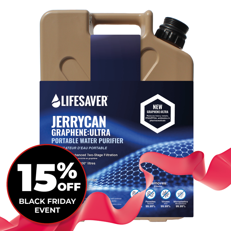 Load image into Gallery viewer, Lifesaver Jerrycan Graphene-Ultra portable water purifier with a 15% off Black Friday event label.
