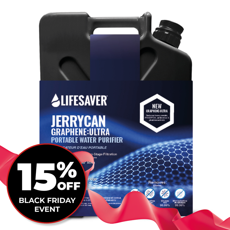 Load image into Gallery viewer, Lifesaver Jerrycan Graphene-Ultra portable water purifier with a Black Friday discount label.
