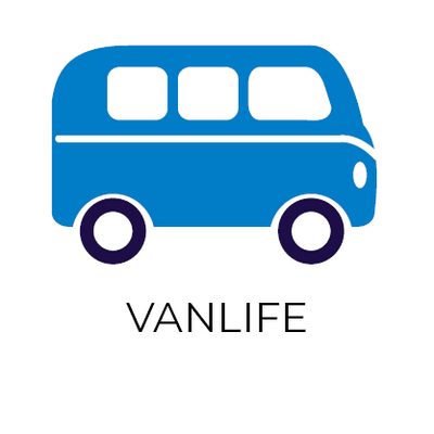 Blue van icon with 'Vanlife' text on a white background