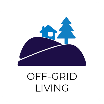 Logo for off-grid living with a house, trees, and mountain on a white background.