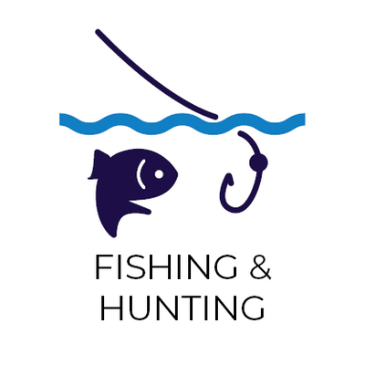 Logo with fish, hook, and wave design on a white background
