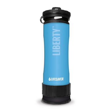 Blue Liberty water bottle with black cap on a white background