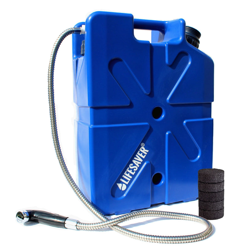 Load image into Gallery viewer, Blue LifeSaver Jerrycan with the shower hose attached
