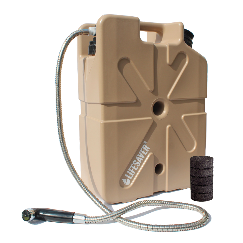 Beige water filter with hose and filter on a white background