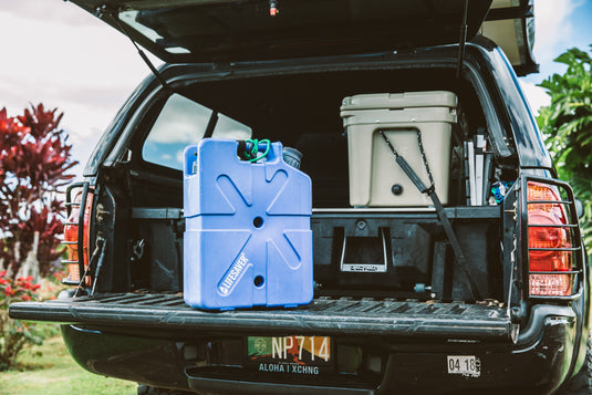 A LifeSaver Jerrycan on the tail gate of a 4x4 overlanding vehicle