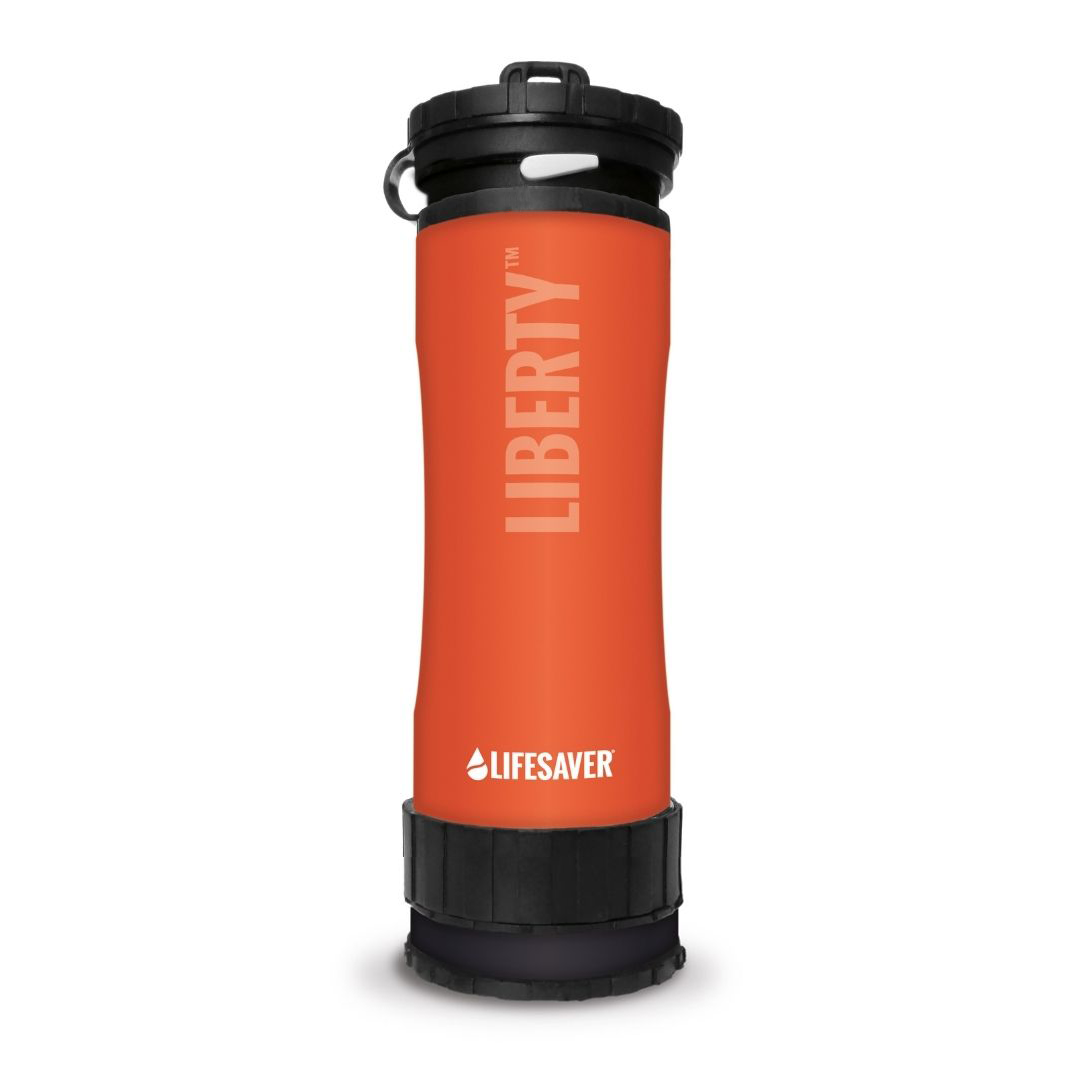 Orange water bottle with black lid and 'Lifesaver' branding on a white background