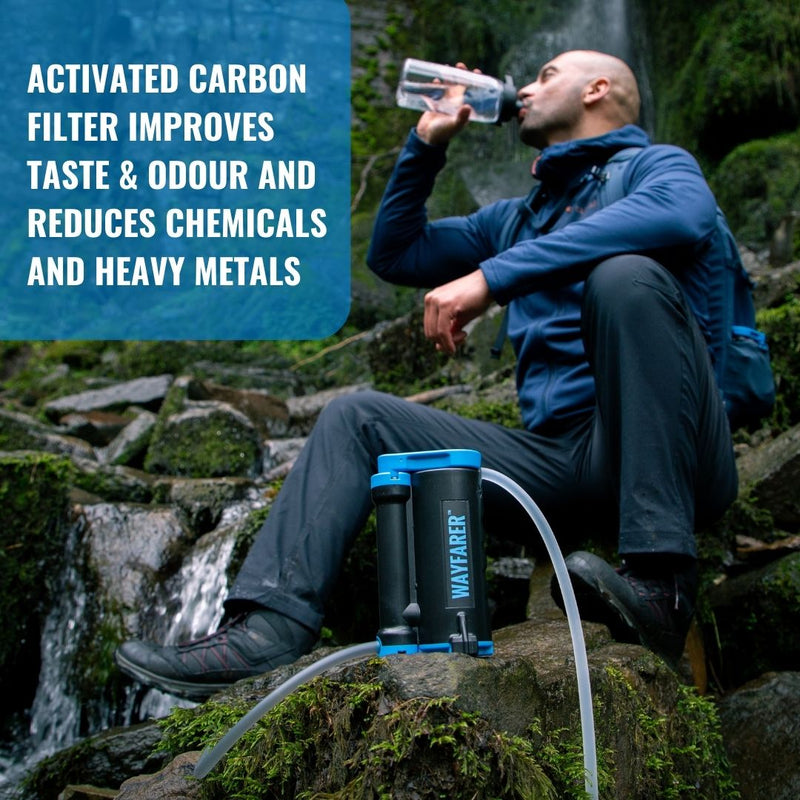 Load image into Gallery viewer, Wayfarer water purifier in front of a hiker drinking freshly purified water
