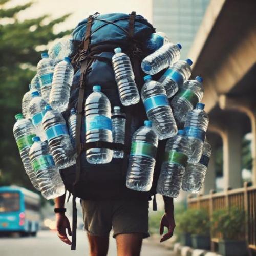 A hiker carrying lots of water bottles